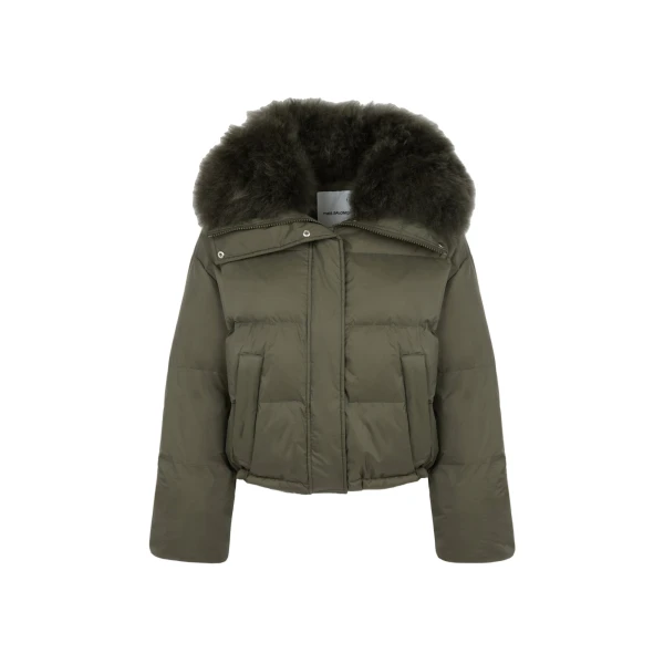 Yves Salomon Short Waterproof Down Jacket with Airy Lambswool Trim in Khaki | Jackets | Luxury Shoes 