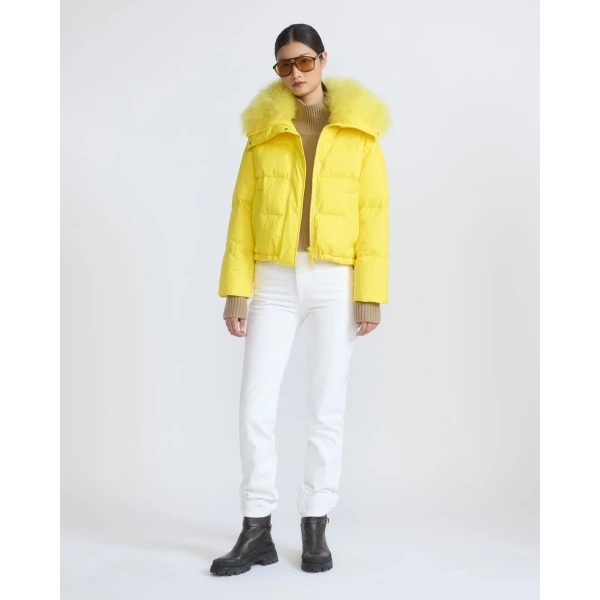 Yves Salomon Short Waterproof Down Jacket with Airy Lambswool Trim in Yellow | Jackets | Luxury Shoes 