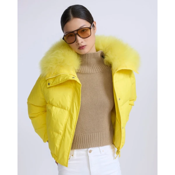 Yves Salomon Short Waterproof Down Jacket with Airy Lambswool Trim in Yellow | Jackets | Luxury Shoes 
