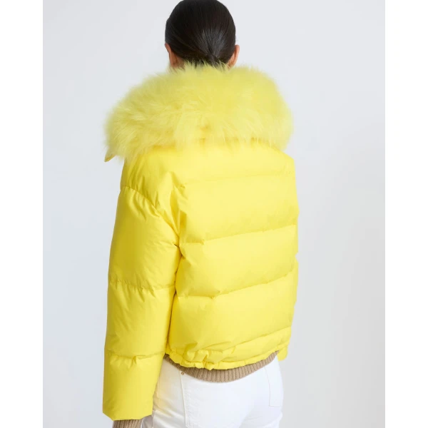 Yves Salomon Short Waterproof Down Jacket with Airy Lambswool Trim in Yellow | Jackets | Luxury Shoes 