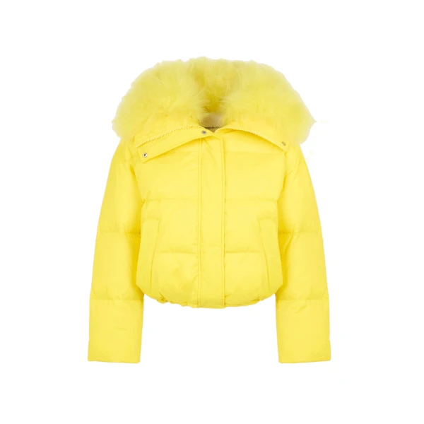 Yves Salomon Short Waterproof Down Jacket with Airy Lambswool Trim in Yellow | Jackets | Luxury Shoes 