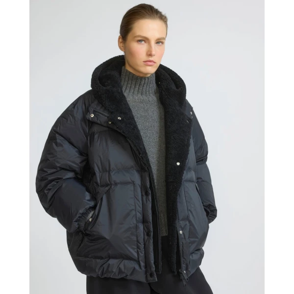 Yves Salomon Short Waterproof Down Jacket with Lambskin Shearling Bib in Black | Jackets | Luxury Shoes 