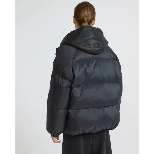 Yves Salomon Short Waterproof Down Jacket with Lambskin Shearling Bib in Black | Jackets | Luxury Shoes 