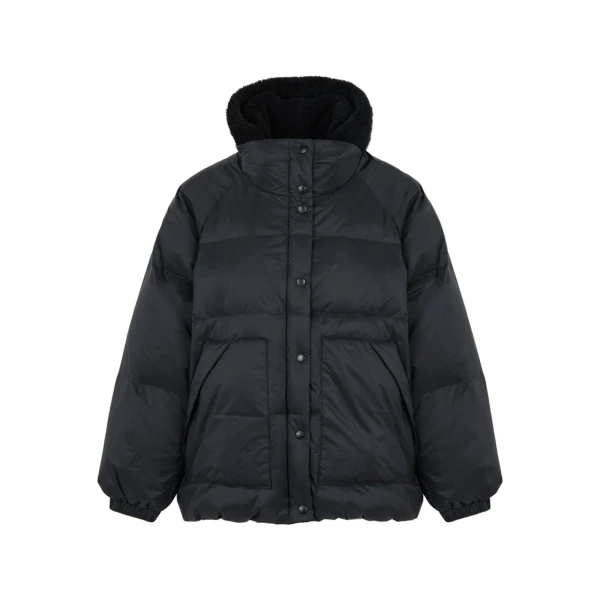 Short Waterproof Down Jacket with Lambskin Shearling Bib in Black
