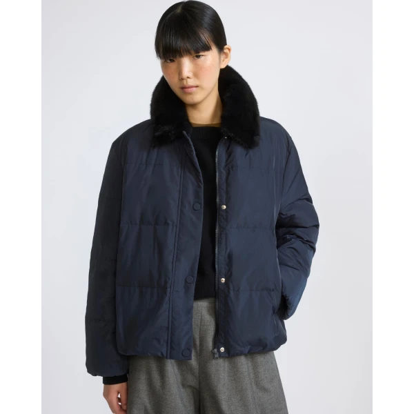 Yves Salomon Short Waterproof Down Jacket with Mink Fur Trim in Navy | Jackets | Luxury Shoes 
