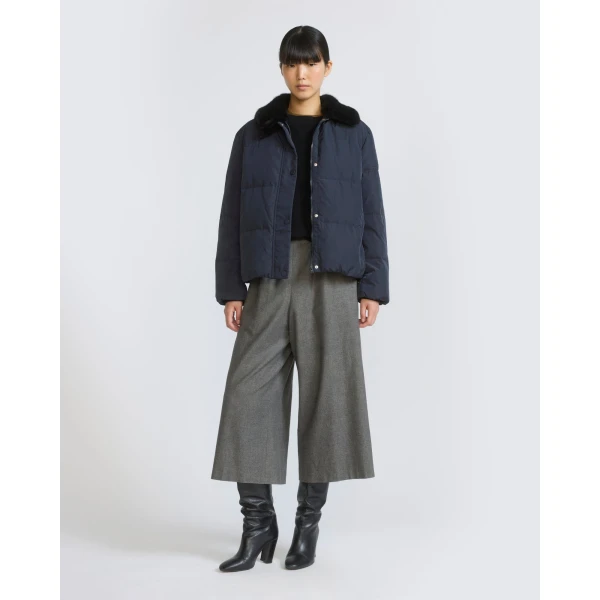 Yves Salomon Short Waterproof Down Jacket with Mink Fur Trim in Navy | Jackets | Luxury Shoes 
