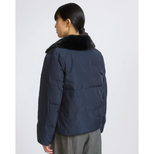 Yves Salomon Short Waterproof Down Jacket with Mink Fur Trim in Navy | Jackets | Luxury Shoes 