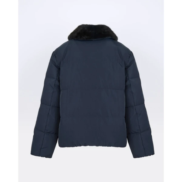 Yves Salomon Short Waterproof Down Jacket with Mink Fur Trim in Navy | Jackets | Luxury Shoes 