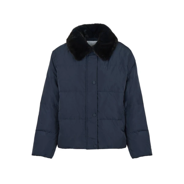 Short Waterproof Down Jacket with Mink Fur Trim in Navy