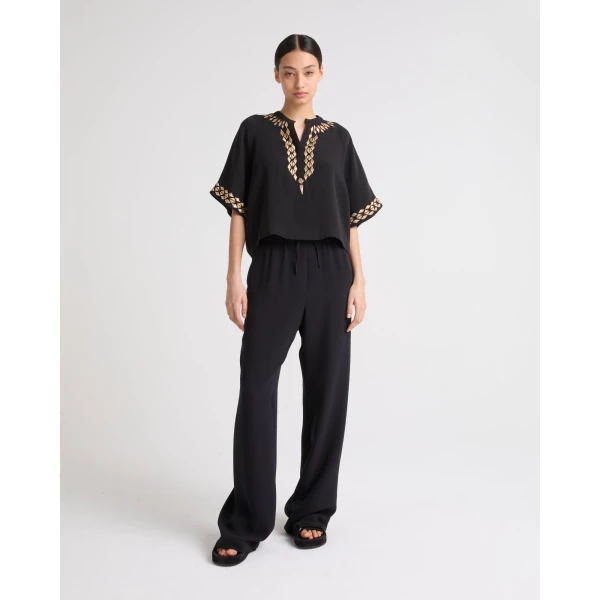 Yves Salomon Silk Crepe Palazzo Trousers in Black | Wide leg pants | Luxury Shoes 