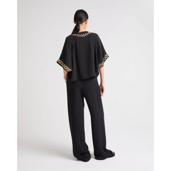 Yves Salomon Silk Crepe Palazzo Trousers in Black | Wide leg pants | Luxury Shoes 