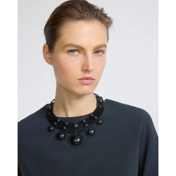 Yves Salomon Silk Crepe Top with Watersnake Leather Necklace in Dark Teal | Tops | Luxury Shoes 