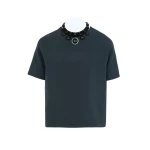 Yves Salomon Silk Crepe Top with Watersnake Leather Necklace in Dark Teal | Tops | Luxury Shoes 