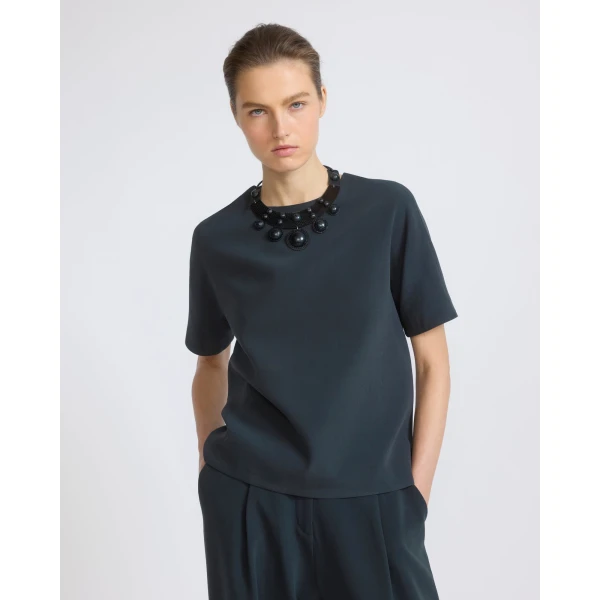 Yves Salomon Silk Crepe Top with Watersnake Leather Necklace in Dark Teal | Tops | Luxury Shoes 