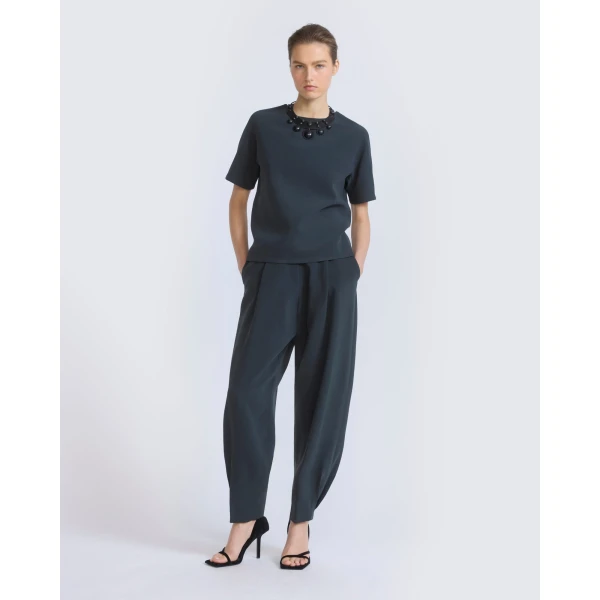 Yves Salomon Silk Crepe Top with Watersnake Leather Necklace in Dark Teal | Tops | Luxury Shoes 