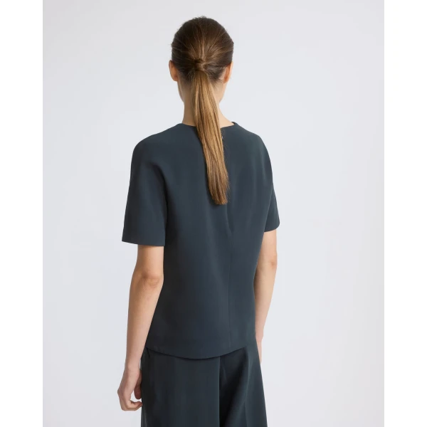 Yves Salomon Silk Crepe Top with Watersnake Leather Necklace in Dark Teal | Tops | Luxury Shoes 