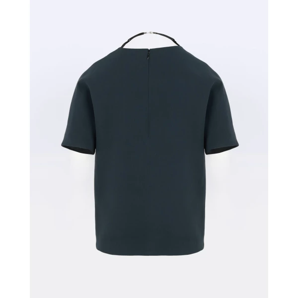 Yves Salomon Silk Crepe Top with Watersnake Leather Necklace in Dark Teal | Tops | Luxury Shoes 