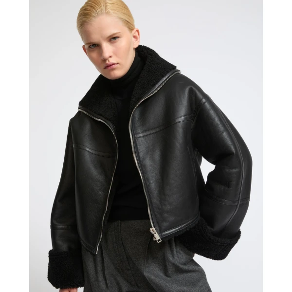 Yves Salomon Suede Merino Lambskin Cropped Jacket in Black | Shearling Jackets | Luxury Shoes 