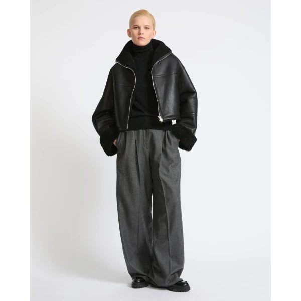 Yves Salomon Suede Merino Lambskin Cropped Jacket in Black | Shearling Jackets | Luxury Shoes 