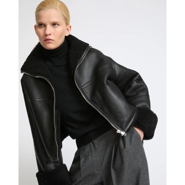 Yves Salomon Suede Merino Lambskin Cropped Jacket in Black | Shearling Jackets | Luxury Shoes 