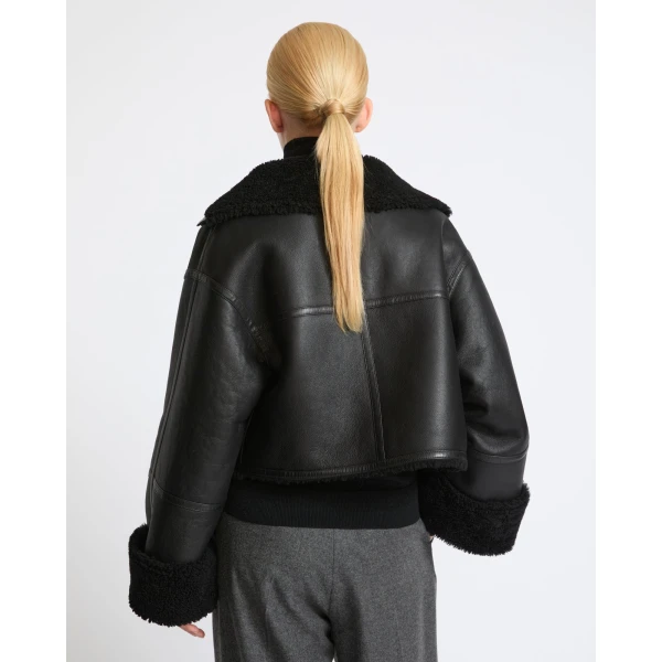 Yves Salomon Suede Merino Lambskin Cropped Jacket in Black | Shearling Jackets | Luxury Shoes 