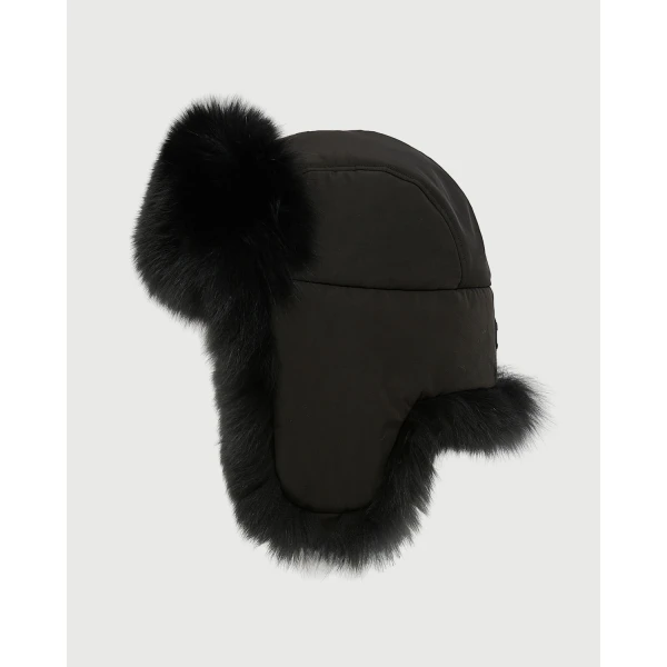 Yves Salomon Technical Fabric Ushanka with Fox Fur in Black | Hats | Luxury Shoes 