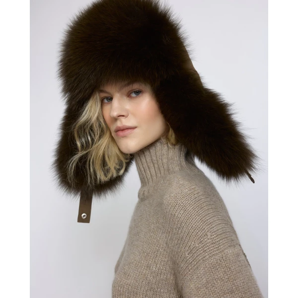 Yves Salomon Technical Fabric Ushanka with Fox Fur in Brown | Hats | Luxury Shoes 
