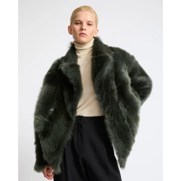 Yves Salomon Toscana Lambskin Shearling Pea Coat in Dark Green | Shearling Coat | Luxury Shoes 