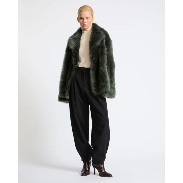 Yves Salomon Toscana Lambskin Shearling Pea Coat in Dark Green | Shearling Coat | Luxury Shoes 