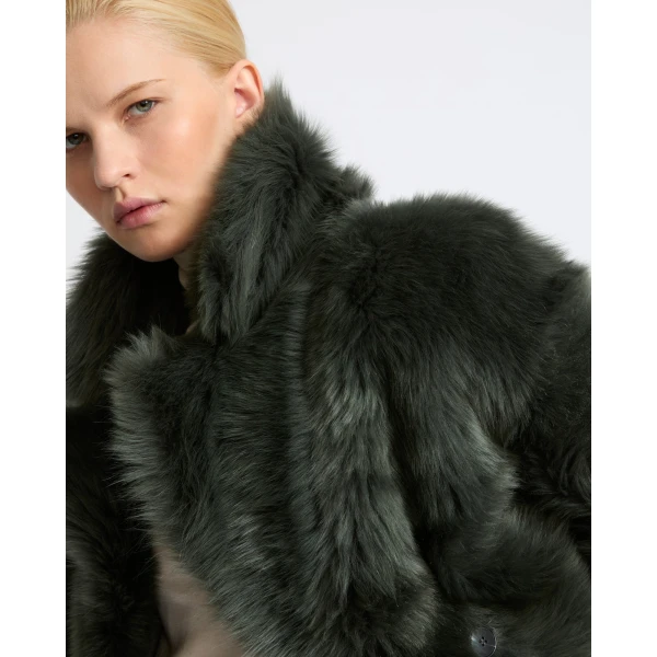 Yves Salomon Toscana Lambskin Shearling Pea Coat in Dark Green | Shearling Coat | Luxury Shoes 