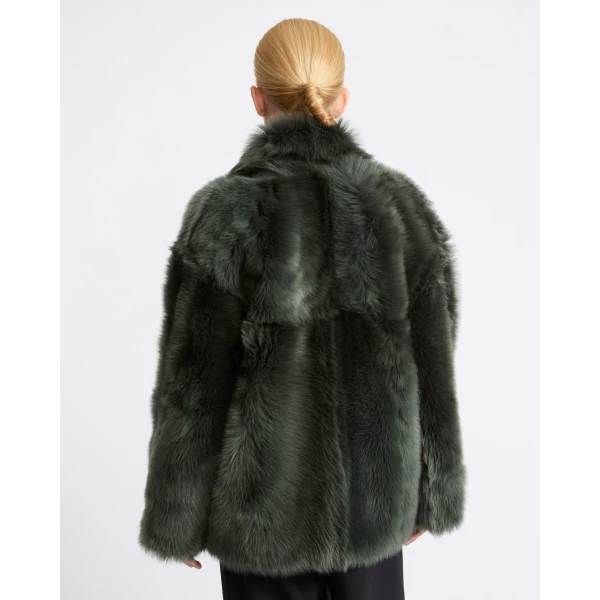 Yves Salomon Toscana Lambskin Shearling Pea Coat in Dark Green | Shearling Coat | Luxury Shoes 