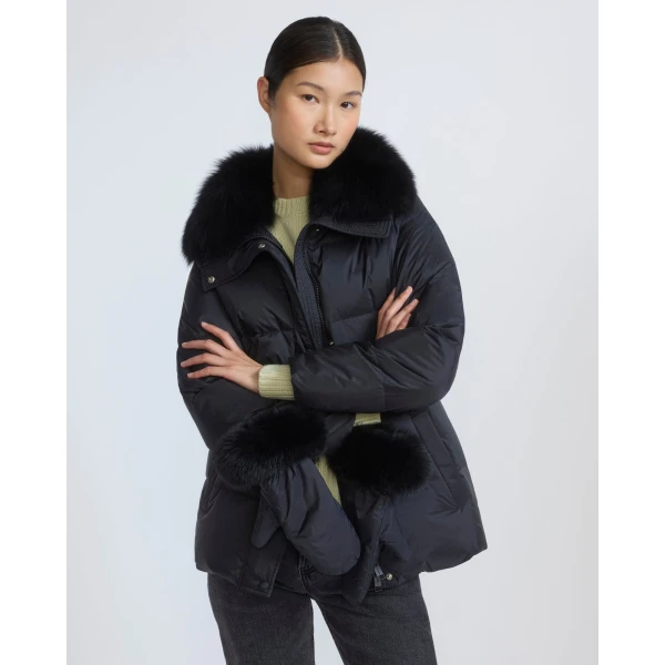Yves Salomon Waterproof Down Jacket with Mittens and Fox Fur Trim in Black | Coats | Luxury Shoes 
