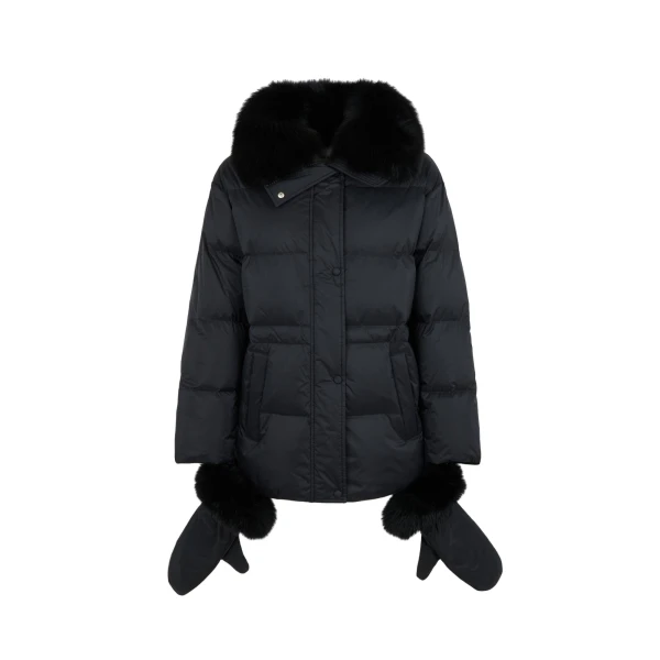 Waterproof Down Jacket with Mittens and Fox Fur Trim in Black