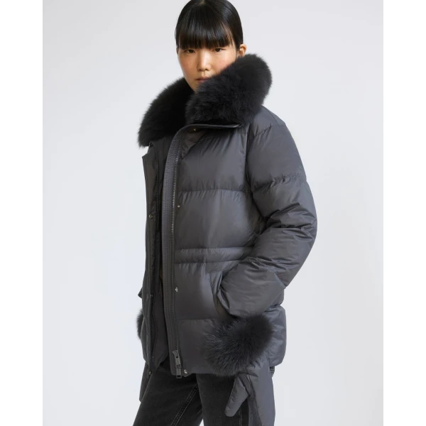 Yves Salomon Waterproof Down Jacket with Mittens and Fox Fur Trim in Charcoal | Coats | Luxury Shoes 