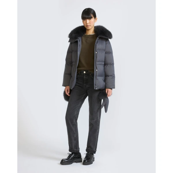 Yves Salomon Waterproof Down Jacket with Mittens and Fox Fur Trim in Charcoal | Coats | Luxury Shoes 