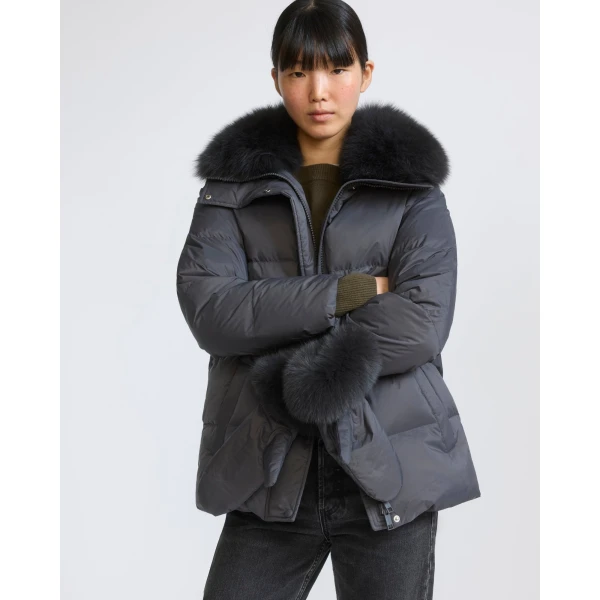 Yves Salomon Waterproof Down Jacket with Mittens and Fox Fur Trim in Charcoal | Coats | Luxury Shoes 