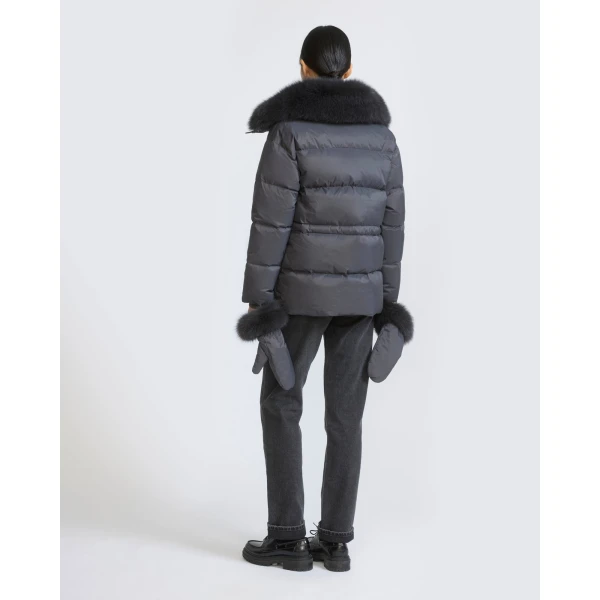 Yves Salomon Waterproof Down Jacket with Mittens and Fox Fur Trim in Charcoal | Coats | Luxury Shoes 