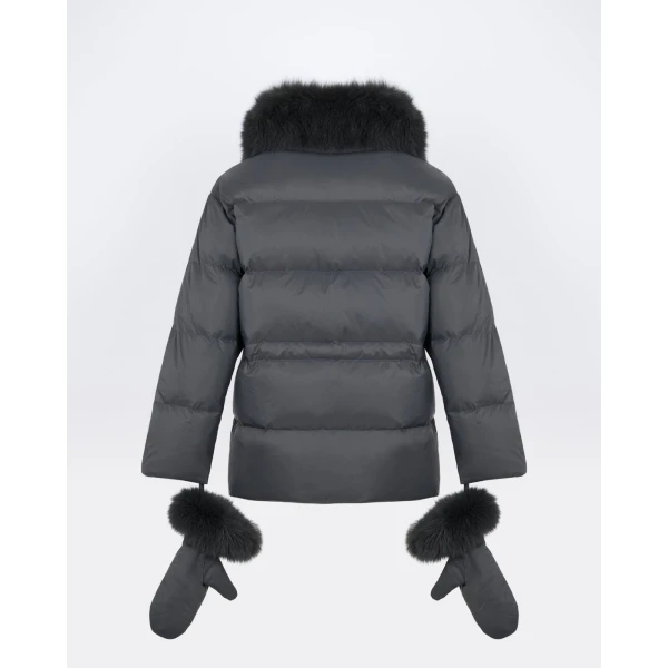 Yves Salomon Waterproof Down Jacket with Mittens and Fox Fur Trim in Charcoal | Coats | Luxury Shoes 