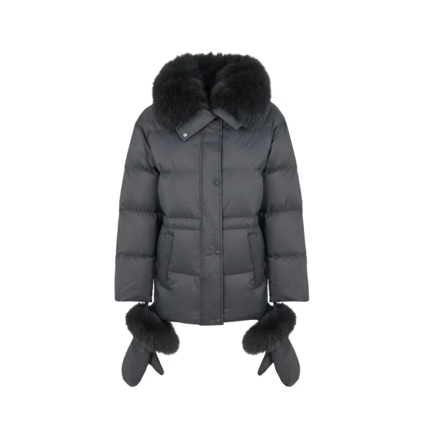 Waterproof Down Jacket with Mittens and Fox Fur Trim in Charcoal