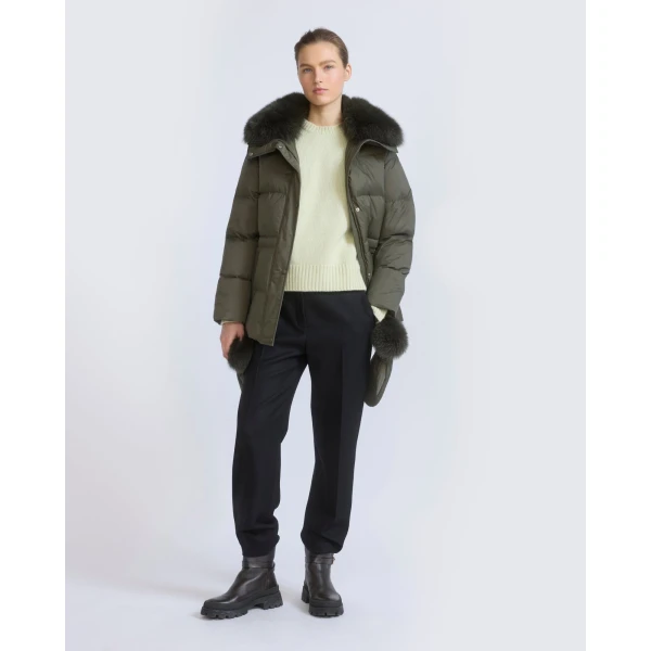 Yves Salomon Waterproof Down Jacket with Mittens and Fox Fur Trim in Khaki | Coats | Luxury Shoes 
