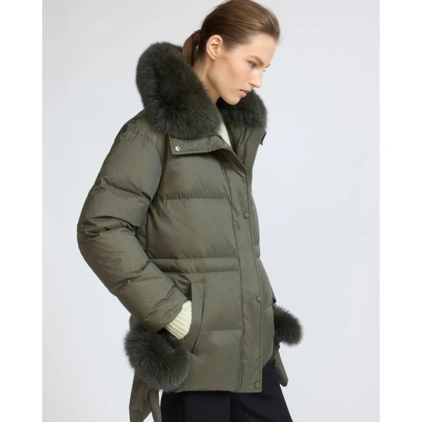 Yves Salomon Waterproof Down Jacket with Mittens and Fox Fur Trim in Khaki | Coats | Luxury Shoes 