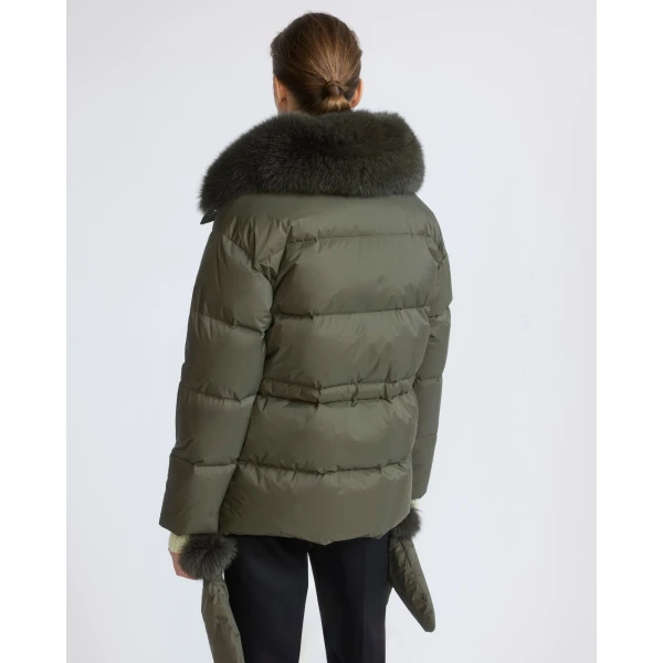 Yves Salomon Waterproof Down Jacket with Mittens and Fox Fur Trim in Khaki | Coats | Luxury Shoes 