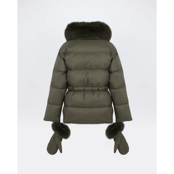 Yves Salomon Waterproof Down Jacket with Mittens and Fox Fur Trim in Khaki | Coats | Luxury Shoes 