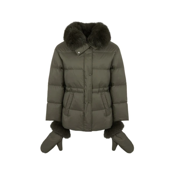 Waterproof Down Jacket with Mittens and Fox Fur Trim in Khaki