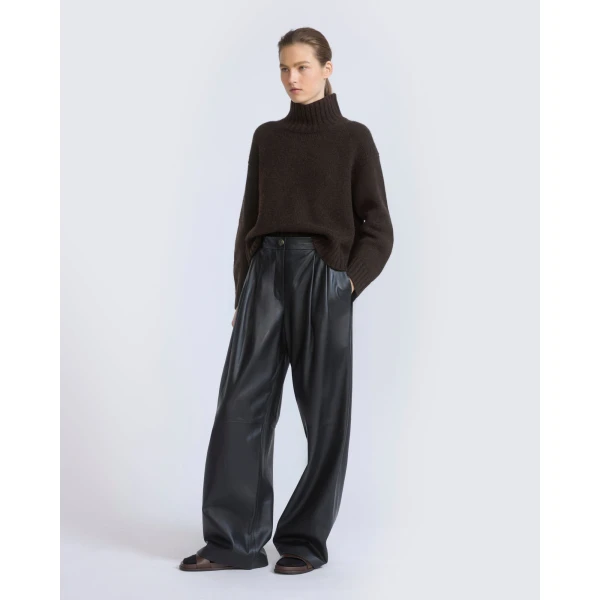Yves Salomon Wide Lambskin Leather Trousers in Black | Wide leg pants | Luxury Shoes 