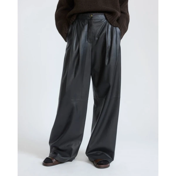 Yves Salomon Wide Lambskin Leather Trousers in Black | Wide leg pants | Luxury Shoes 