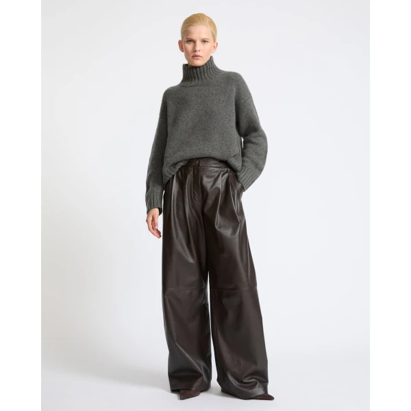 Yves Salomon Wide Lambskin Leather Trousers in Brown | Wide leg pants | Luxury Shoes 