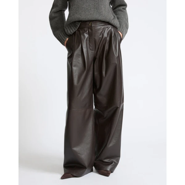 Yves Salomon Wide Lambskin Leather Trousers in Brown | Wide leg pants | Luxury Shoes 