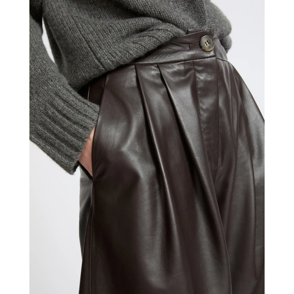 Yves Salomon Wide Lambskin Leather Trousers in Brown | Wide leg pants | Luxury Shoes 