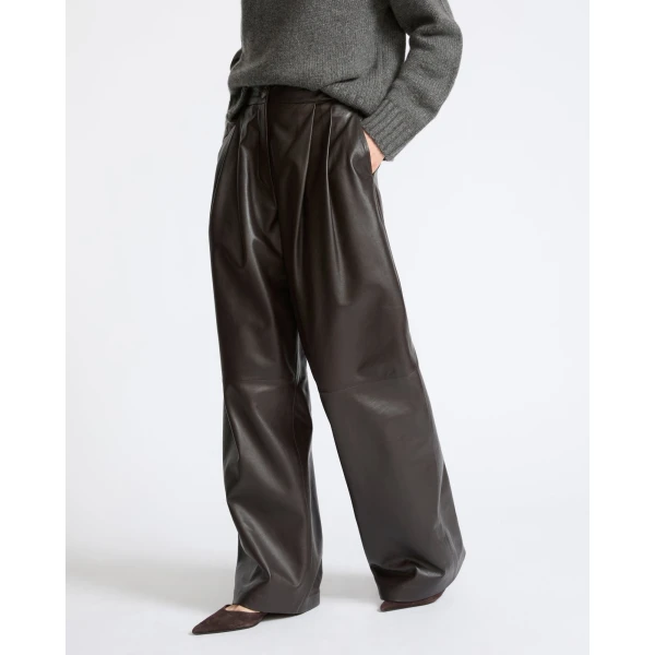 Yves Salomon Wide Lambskin Leather Trousers in Brown | Wide leg pants | Luxury Shoes 